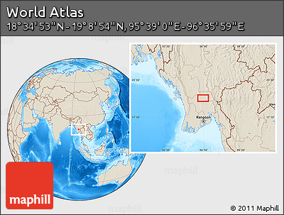 Shaded Relief Location Map of the Area around 18° 51' 53" N, 96° 7' 30" E