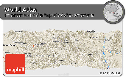 Shaded Relief Panoramic Map of the Area around 18° 51' 53" N, 96° 58' 29" E