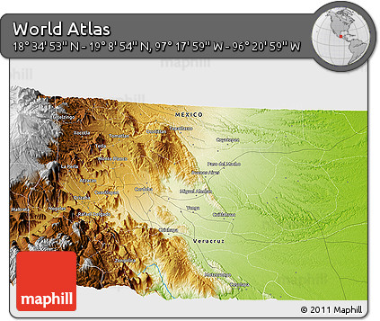 Physical 3D Map of the Area around 18° 51' 53" N, 96° 49' 29" W