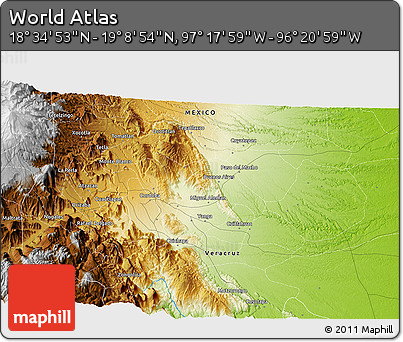 Physical 3D Map of the Area around 18° 51' 53" N, 96° 49' 29" W