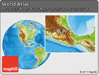 Physical Location Map of the Area around 18° 51' 53" N, 96° 49' 29" W