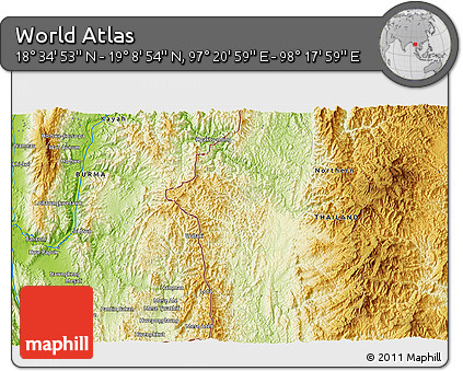 Physical 3D Map of the Area around 18° 51' 53" N, 97° 49' 29" E