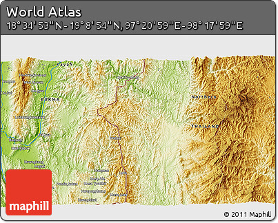 Physical 3D Map of the Area around 18° 51' 53" N, 97° 49' 29" E