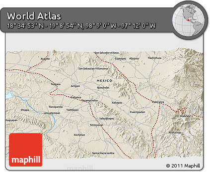 Shaded Relief 3D Map of the Area around 18° 51' 53" N, 97° 40' 30" W