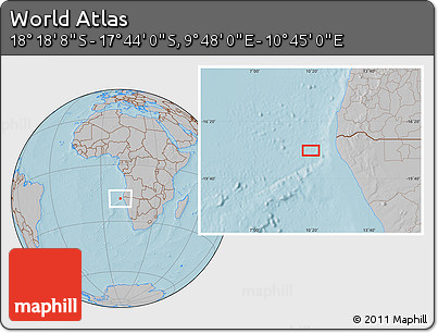 Gray Location Map of the Area around 18° 1' 4" S, 10° 16' 30" E, hill shading