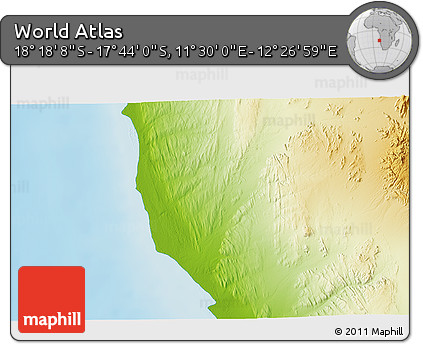 Physical 3D Map of the Area around 18° 1' 4" S, 11° 58' 29" E
