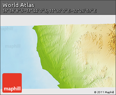 Physical 3D Map of the Area around 18° 1' 4" S, 11° 58' 29" E