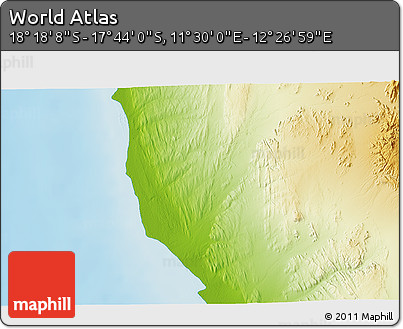 Physical 3D Map of the Area around 18° 1' 4" S, 11° 58' 29" E