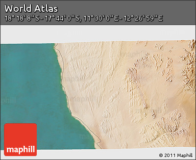 Satellite 3D Map of the Area around 18° 1' 4" S, 11° 58' 29" E