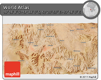 Satellite 3D Map of the Area around 18° 1' 4" S, 12° 49' 29" E