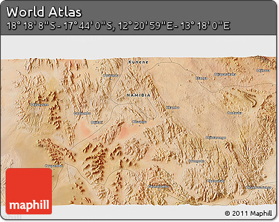 Satellite 3D Map of the Area around 18° 1' 4" S, 12° 49' 29" E