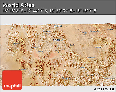 Satellite 3D Map of the Area around 18° 1' 4" S, 12° 49' 29" E