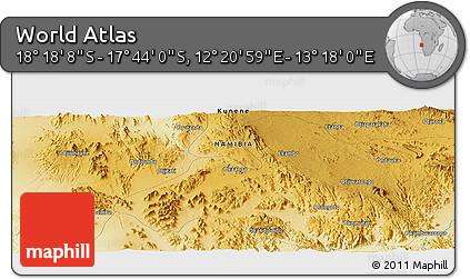 Physical Panoramic Map of the Area around 18° 1' 4" S, 12° 49' 29" E