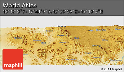 Physical Panoramic Map of the Area around 18° 1' 4" S, 12° 49' 29" E