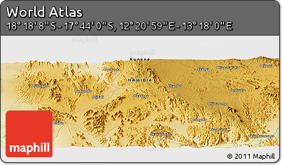 Physical Panoramic Map of the Area around 18° 1' 4" S, 12° 49' 29" E