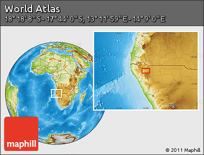 Physical Location Map of the Area around 18° 1' 4" S, 13° 40' 30" E