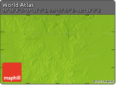 Physical Map of the Area around 18° 1' 4" S, 140° 19' 29" E
