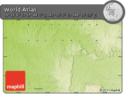 Physical Map of the Area around 18° 1' 4" S, 143° 43' 29" E