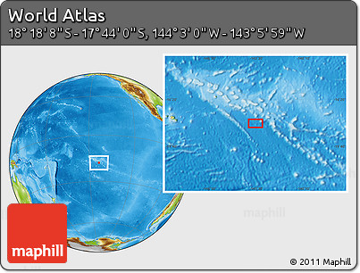 Physical Location Map of the Area around 18° 1' 4" S, 143° 34' 29" W