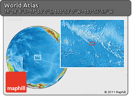 Physical Location Map of the Area around 18° 1' 4" S, 144° 25' 30" W