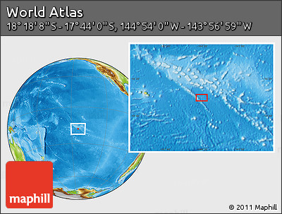 Physical Location Map of the Area around 18° 1' 4" S, 144° 25' 30" W