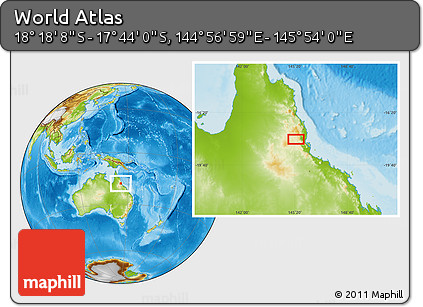 Physical Location Map of the Area around 18° 1' 4" S, 145° 25' 30" E