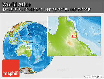 Physical Location Map of the Area around 18° 1' 4" S, 145° 25' 30" E