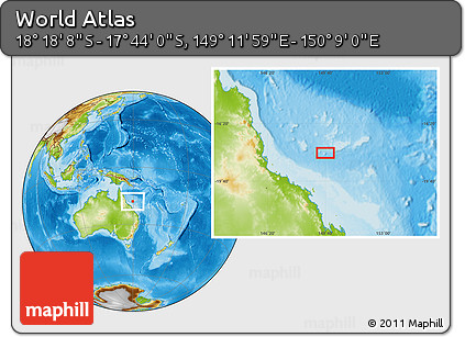 Physical Location Map of the Area around 18° 1' 4" S, 149° 40' 30" E