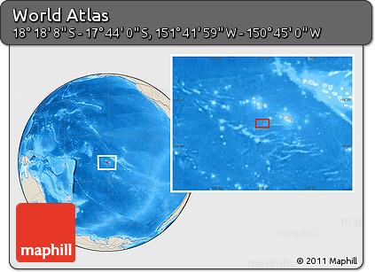 Shaded Relief Location Map of the Area around 18° 1' 4" S, 151° 13' 29" W