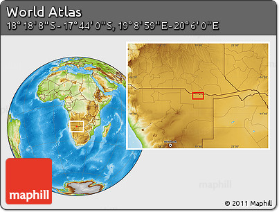 Physical Location Map of the Area around 18° 1' 4" S, 19° 37' 30" E