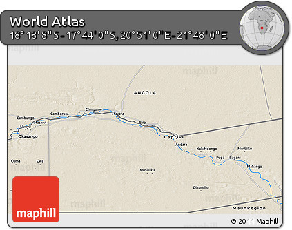 Shaded Relief 3D Map of the Area around 18° 1' 4" S, 21° 19' 30" E