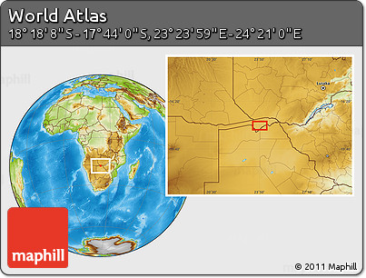 Physical Location Map of the Area around 18° 1' 4" S, 23° 52' 30" E