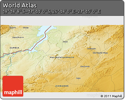 Physical 3D Map of the Area around 18° 1' 4" S, 27° 16' 29" E