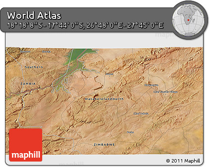 Satellite 3D Map of the Area around 18° 1' 4" S, 27° 16' 29" E