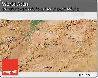 Satellite 3D Map of the Area around 18° 1' 4" S, 27° 16' 29" E