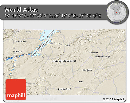Shaded Relief 3D Map of the Area around 18° 1' 4" S, 27° 16' 29" E