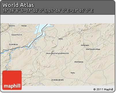 Shaded Relief 3D Map of the Area around 18° 1' 4" S, 27° 16' 29" E