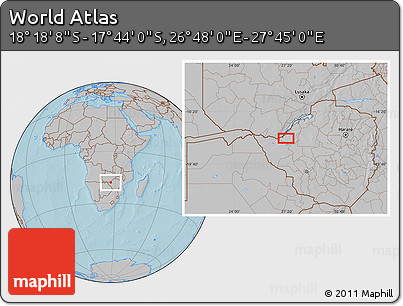 Gray Location Map of the Area around 18° 1' 4" S, 27° 16' 29" E, hill shading