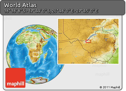 Physical Location Map of the Area around 18° 1' 4" S, 27° 16' 29" E