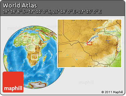 Physical Location Map of the Area around 18° 1' 4" S, 27° 16' 29" E