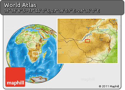 Physical Location Map of the Area around 18° 1' 4" S, 28° 7' 30" E