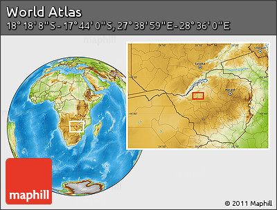 Physical Location Map of the Area around 18° 1' 4" S, 28° 7' 30" E