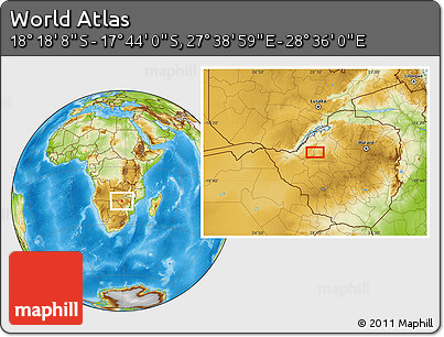 Physical Location Map of the Area around 18° 1' 4" S, 28° 7' 30" E