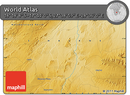 Physical Map of the Area around 18° 1' 4" S, 28° 7' 30" E
