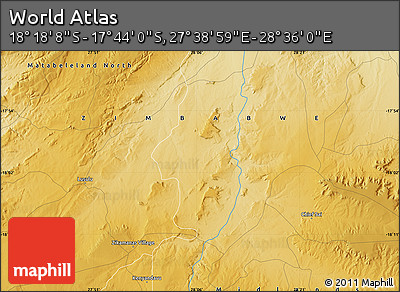 Physical Map of the Area around 18° 1' 4" S, 28° 7' 30" E