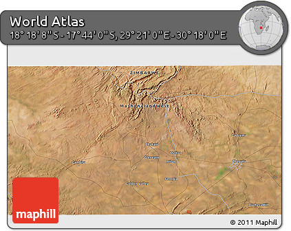 Satellite 3D Map of the Area around 18° 1' 4" S, 29° 49' 30" E