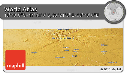Physical Panoramic Map of the Area around 18° 1' 4" S, 29° 49' 30" E