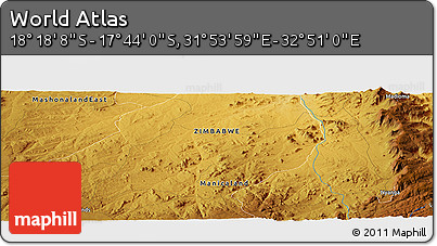 Physical Panoramic Map of the Area around 18° 1' 4" S, 32° 22' 30" E