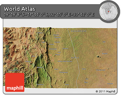 Satellite 3D Map of the Area around 18° 1' 4" S, 33° 13' 30" E