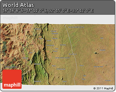 Satellite 3D Map of the Area around 18° 1' 4" S, 33° 13' 30" E